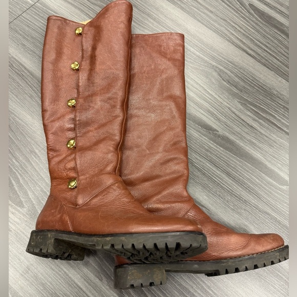 Michael Kors Tall Brown Leather Riding Boots Faux Fur Lined Snap Up Size 6 ½ M - Picture 1 of 16